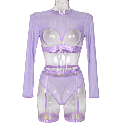 Mesh See through Patchwork Lace up Heavy Craft Complex Three Piece Sexy Lingerie
