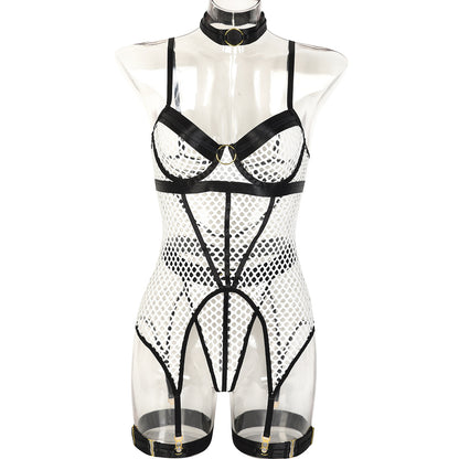 Ensemble trois pièces jupe sexy, coutures en maille large, avec anneau en acier, sous-vêtements avec anneau de jambe licou