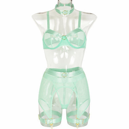 Sexy Mesh Stitching Four-Piece Underwear with Halter Waist Seal