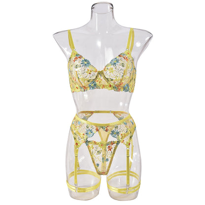 Sexy See through Yellow Pastoral Floral Bra Garter T Back Three Piece Set with Leg Ring Sexy Lingerie Sets