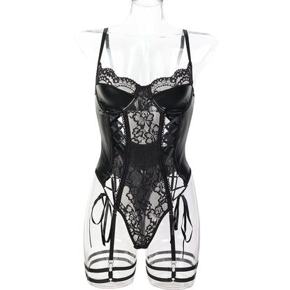 Popular Black Lace Lace Bow Tie Faux Leather Sexy Tight Jumpsuit Women