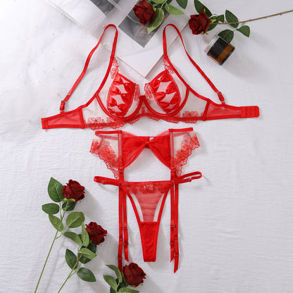 Sexy Three Piece Embroidery Mesh Bow See through Low Cut Push up Sexy Underwear