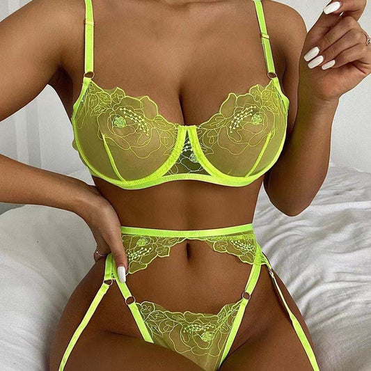 Sexy Lingerie Three-Piece Summer Three-Point See-Through Embroidery Mesh Stitching Suit