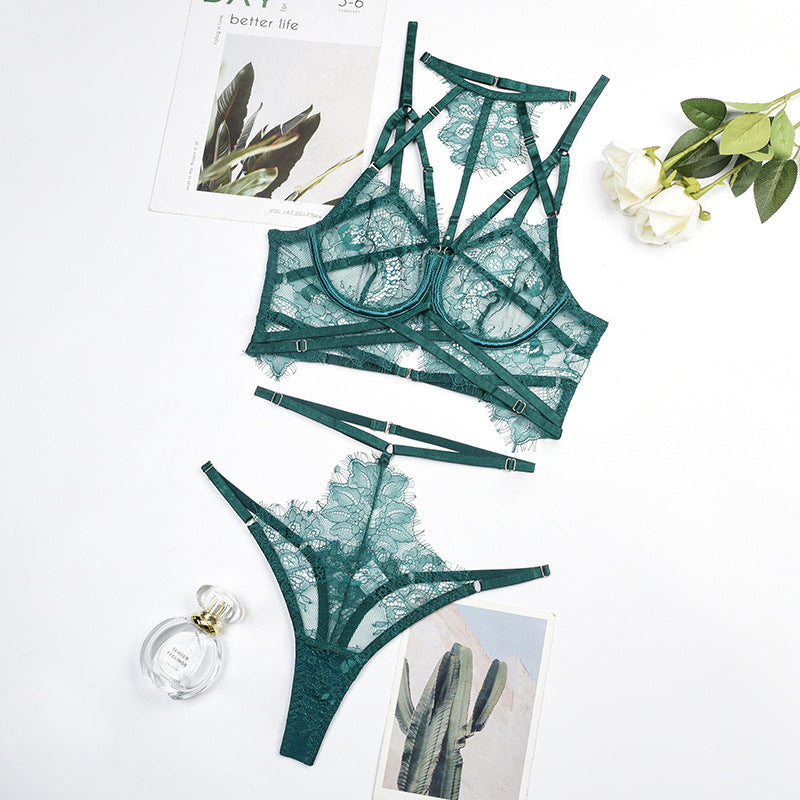 Hollow Out Cutout Lace Eyelash Halter Body Shaping Sexy Lingerie Set