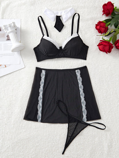 Striped Spaghetti Straps Bra Women Professional Uniform Small Necktie A line Skirt Role Play Sexy Sets