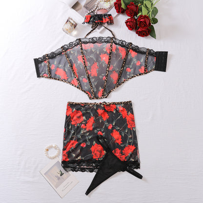 Fall Fashionable Sexy Figure Flattering Comfortable Mesh Stitching Printing Wrapped Chest Sexy Lingerie Underwear Four Piece Set