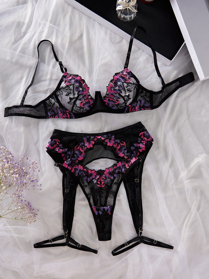 Soutien-gorge complexe artisanal, broderie florale, maille, sous-vêtements sexy, ensemble de quatre pièces