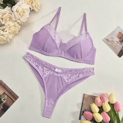 Summer Thin Lace Stitching Mesh Sexy Push up Transparent Tempting Sexy Lingerie Set
