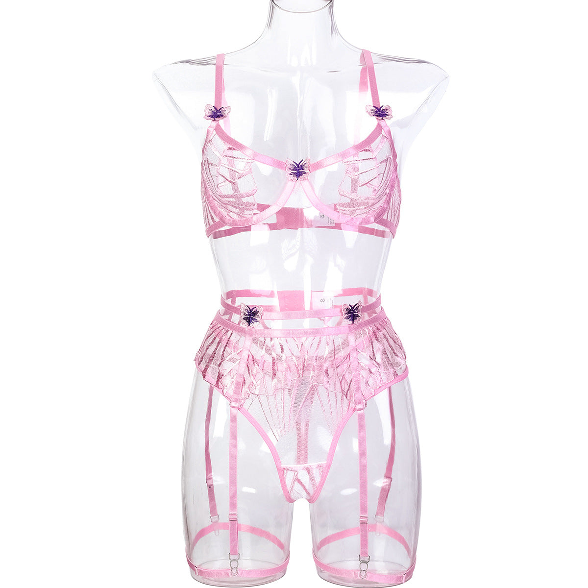 Ensemble trois pièces de sous-vêtements Sexy de haute qualité, broderie asymétrique irrégulière rose brodée sur la poitrine, Patch papillon ajouré