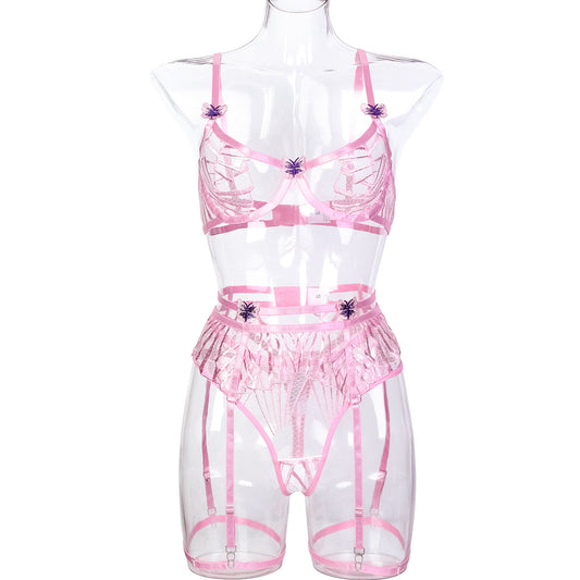 Ensemble trois pièces de sous-vêtements Sexy de haute qualité, broderie asymétrique irrégulière rose brodée sur la poitrine, Patch papillon ajouré