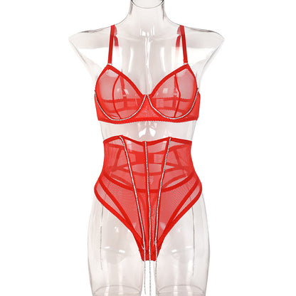 Breathable Mesh Drill Chain Body Shaping Sexy Lingerie Three Piece Set