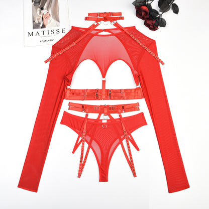 Conjunto sexy de tres piezas en ropa interior sexy para club nocturno con cintura halter y correa compleja