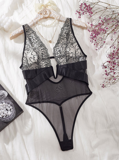 Sexy Underwear See through Embroidery Mesh Joint Low Cut Backless Sexy Jumpsuit
