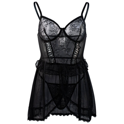 Sexy Lingerie Sleeveless Jumpsuit Thin Strap T Back Hollow Out Cutout Mesh See Through Sexy Two Piece Set