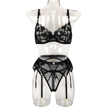 Sous-vêtements sexy trois pièces en maille et dentelle avec nœud en dentelle pour fille