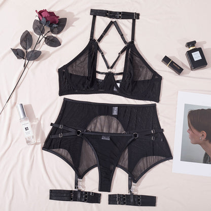 Mesh Transparent Garter Steel Ring Sexy Lace up Sexy Lingerie Three Piece Set Body Shaping