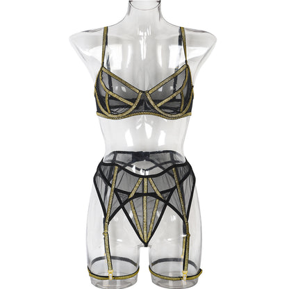 Lingerie Sexy Underwear Three Piece Gold Silk Beautiful Line Mesh Stitching Girl Sex Clothing