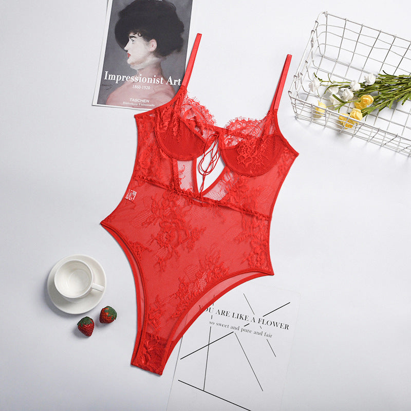 Sexy Lingerie Lace Floral Stitching Hollow Out Cutout Lace Sexy Siamese Women Overseas
