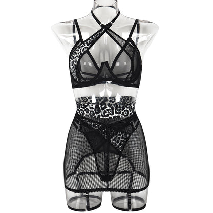 Fishnet Leopard Splicing Mesh Hollow Out Cutout Out Halter Cross Sexy Lingerie Three Piece Set Women