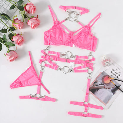 Lace Mesh Thin Motorcycle Temptation Backless Sexy Women Underwear Set