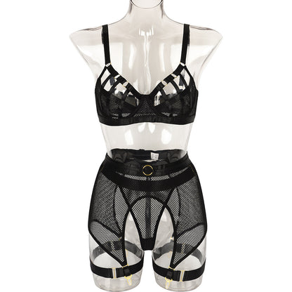 Conjunto sexy de cuatro piezas Exportación de artesanía pesada Sujetador entrelazado Ropa interior sexy de red suave
