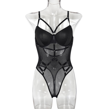 Women Clothing Sexy Lingerie Sling Solid Color Complex Slimming Patchwork Jumpsuit Can Be Unlocked