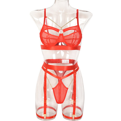 Best Women Clothes Push up Underwear Metal Decorative Wire Mesh Hole Hollow Out Cutout Sexy Three Piece Set