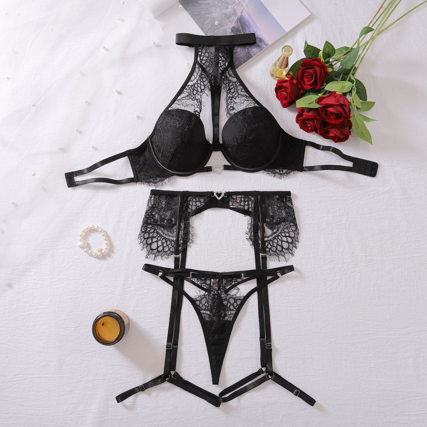 Sexy Bra Suit Sexy Lace Cutout Steel Ring Push Up Halter Underwear Three Piece Set
