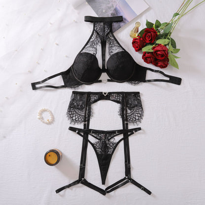Sexy Bra Suit Sexy Lace Cutout Steel Ring Push Up Halter Underwear Three Piece Set