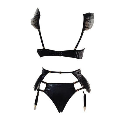 Sexy Patent Leather Mesh Fluffy Edge Sexy Lingerie Three Piece Set