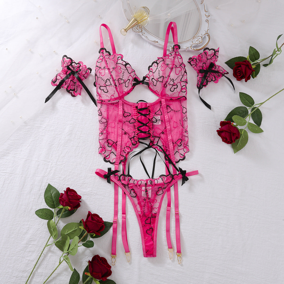 Women Clothing Special Supply Sexy Light Strap Love Embroidered Sexy Lingerie Three Piece Set