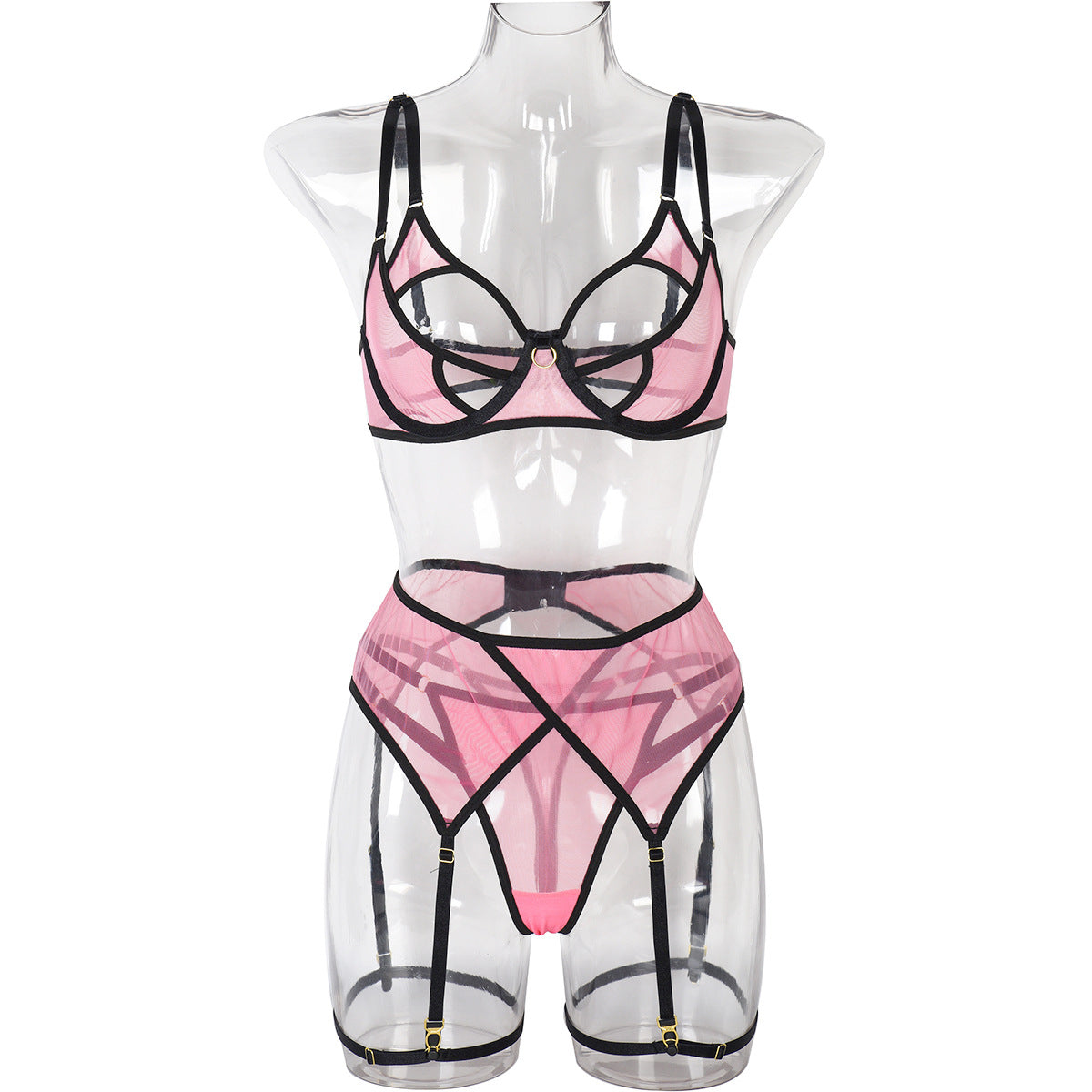 Women Clothing Sexy Lingerie Three Piece Set Color Contrast Patchwork Elastic Net Comfortable Tight Sexy Lingerie