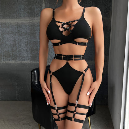 Women Solid Color Chest Lace up Cutout Sexy Suit Body Slimming