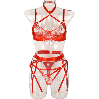 Summer Sexy Four Piece Set High End Satin Embroidery Stitching Complex Heavy Craft Halter Underwear