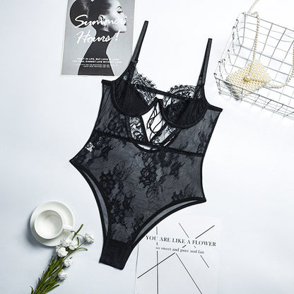 Sexy Lingerie Lace Floral Stitching Hollow Out Cutout Lace Sexy Siamese Women Overseas