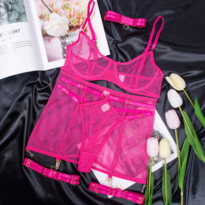 Lingerie Sexy Underwear Women Clothing Grid Transparent Temptation Uniform Five Piece Set