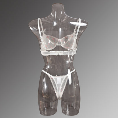 Sexy Lingerie Floral Embroidered Chest Bow Sheer Mesh Sexy Two Piece Set