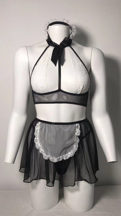 Sexy Lingerie Mesh See through Maid Uniform Temptation Role Temptation 4 Piece Set