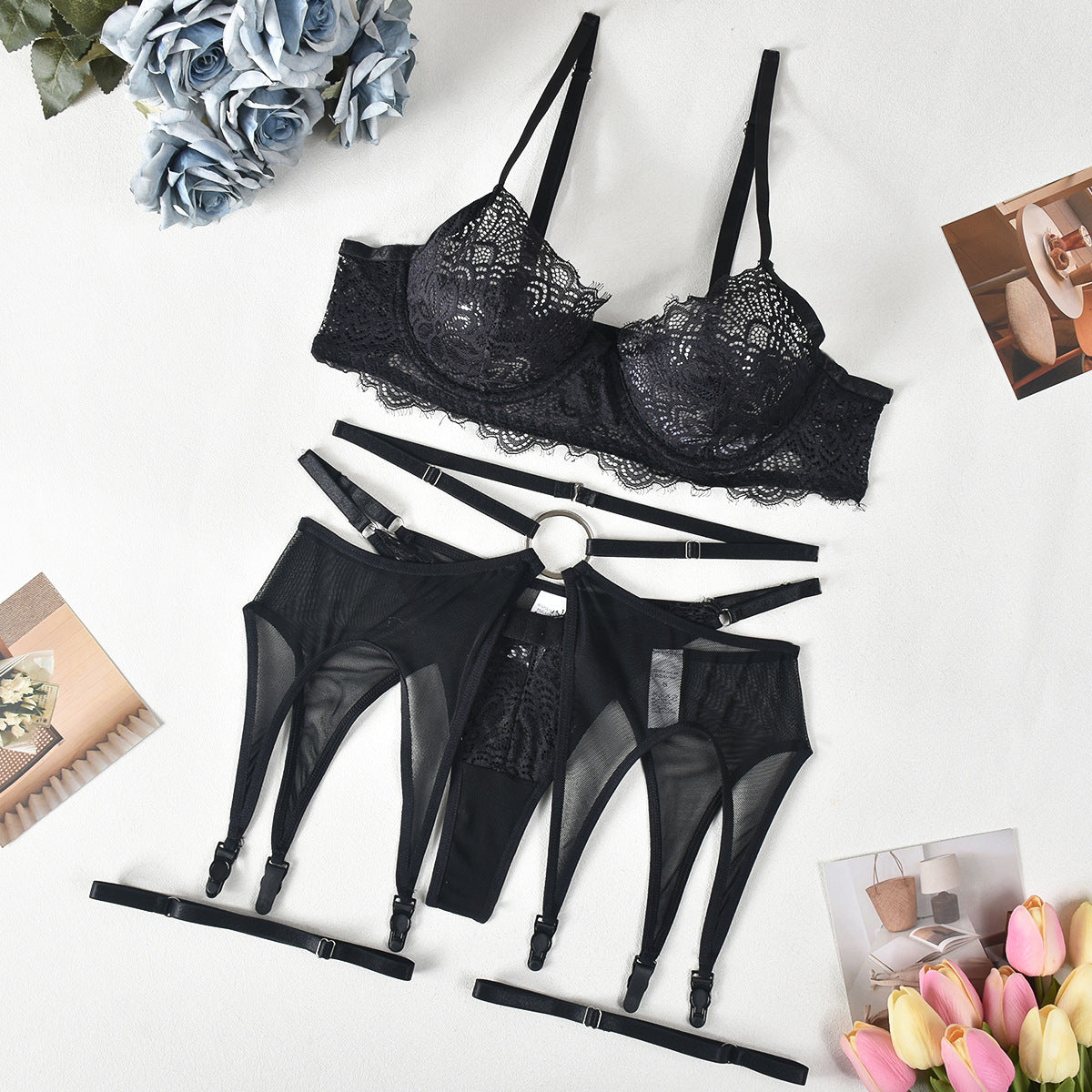 Sexy Lingerie Lace See through Sexy Heavy Metal Three Piece Set with Leg Circle