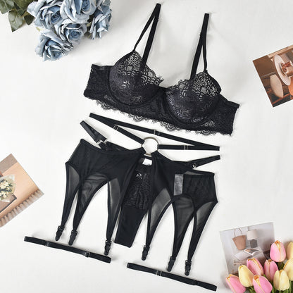 Sexy Lingerie Lace See through Sexy Heavy Metal Three Piece Set with Leg Circle