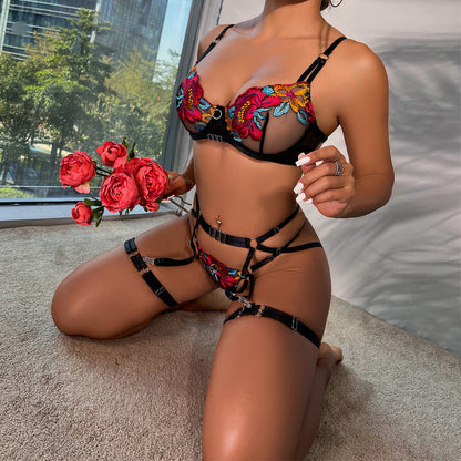 Sexy Lingerie Three-Piece Set High Quality Embroidery Heavy Craft Underwear with Steel Ring
