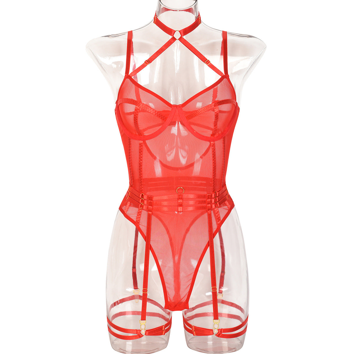 High Elastic Mesh Tight Perspective Sexy Lingerie Halter Contrast Color Jumpsuit Complex Two Piece Set