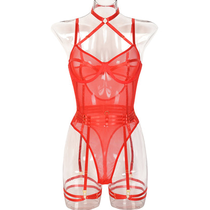 High Elastic Mesh Tight Perspective Sexy Lingerie Halter Contrast Color Jumpsuit Complex Two Piece Set