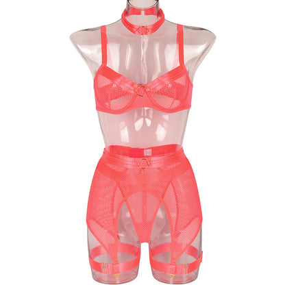 Sexy Mesh Stitching Four-Piece Underwear with Halter Waist Seal
