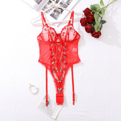 Underwear Sexy Red Mesh Lace Stitching Low Cut Hollow Out Cutout Sexy Jumpsuit