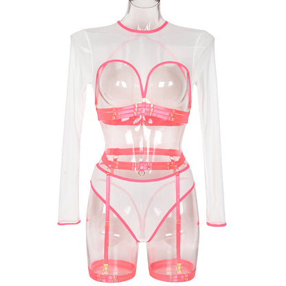 Mesh See through Patchwork Lace up Heavy Craft Complex Three Piece Sexy Lingerie