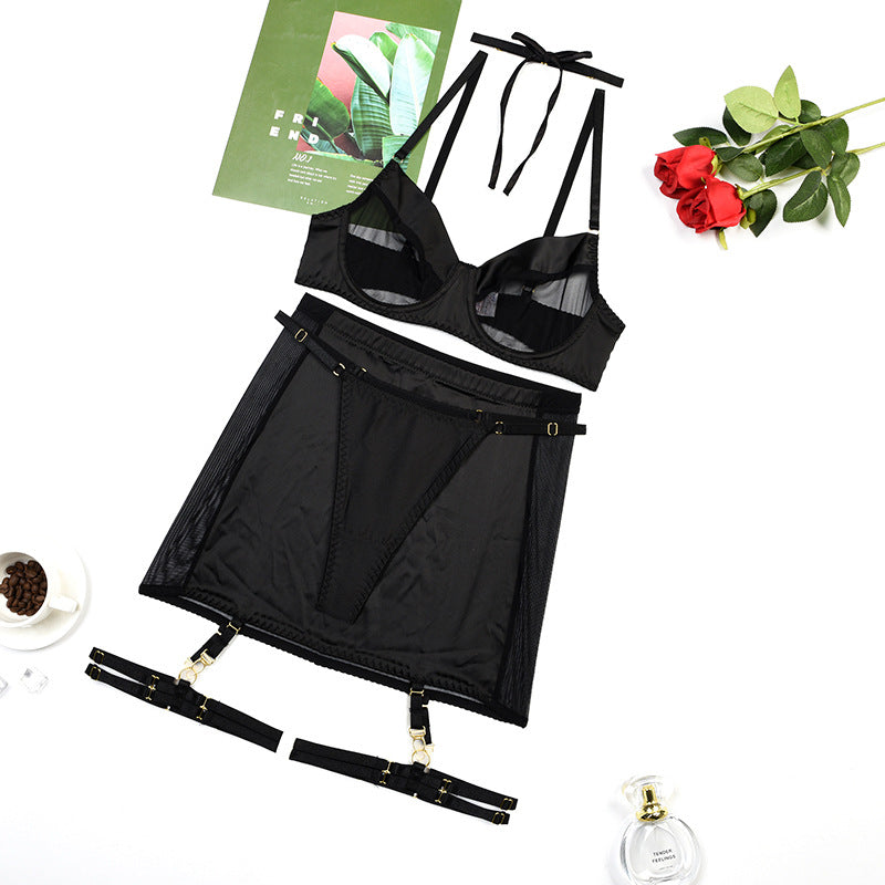 Women Clothing Sheer Mesh Splicing Milk Silk Sexy Lingerie Set