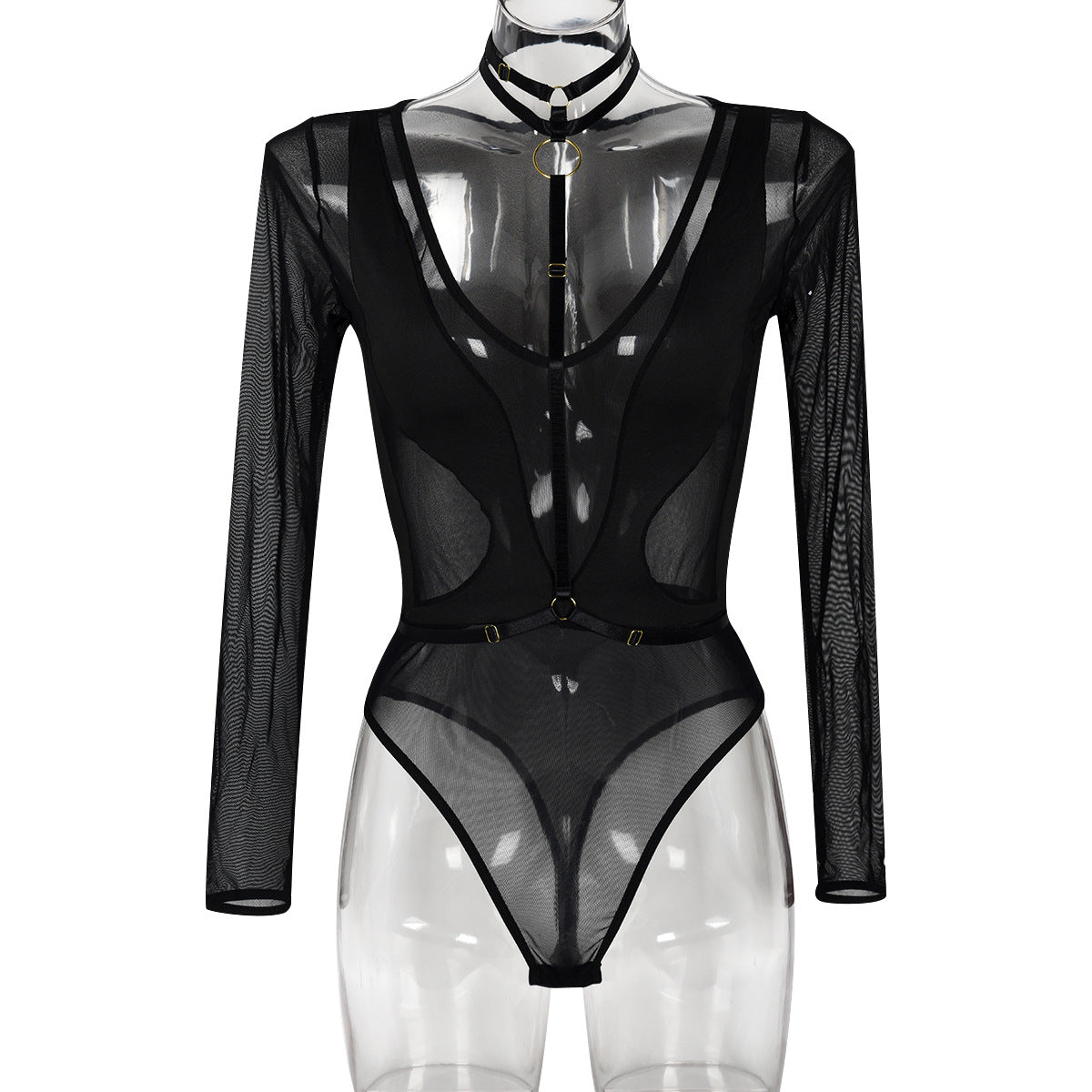 Ropa de mujer primavera otoño malla manga larga ahuecado recorte transparente costura cuello pico Halter mono Mujer