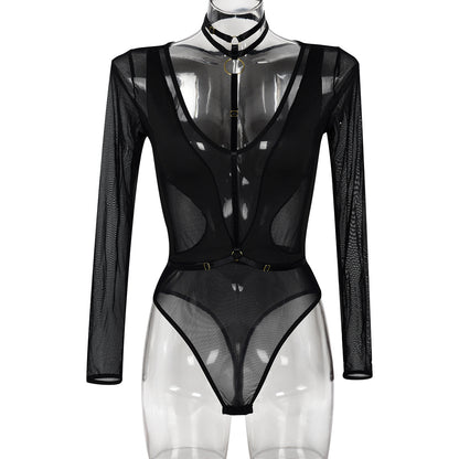Ropa de mujer primavera otoño malla manga larga ahuecado recorte transparente costura cuello pico Halter mono Mujer