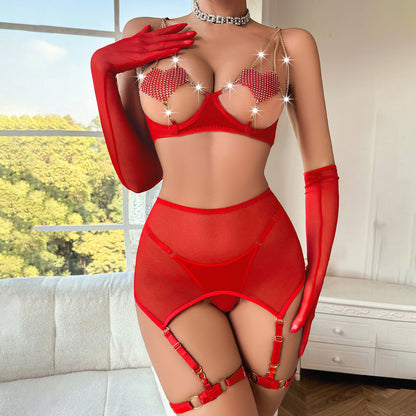 Internet Celebrity Sexy Lingerie Sexy Love Chain Sexy Sheer Mesh Four Piece Set for Women